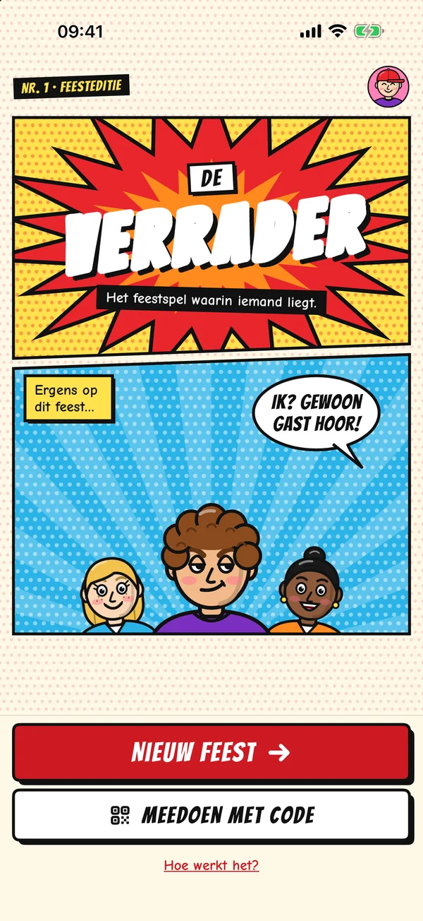 Startscherm van De Verrader met drie getekende feestgangers